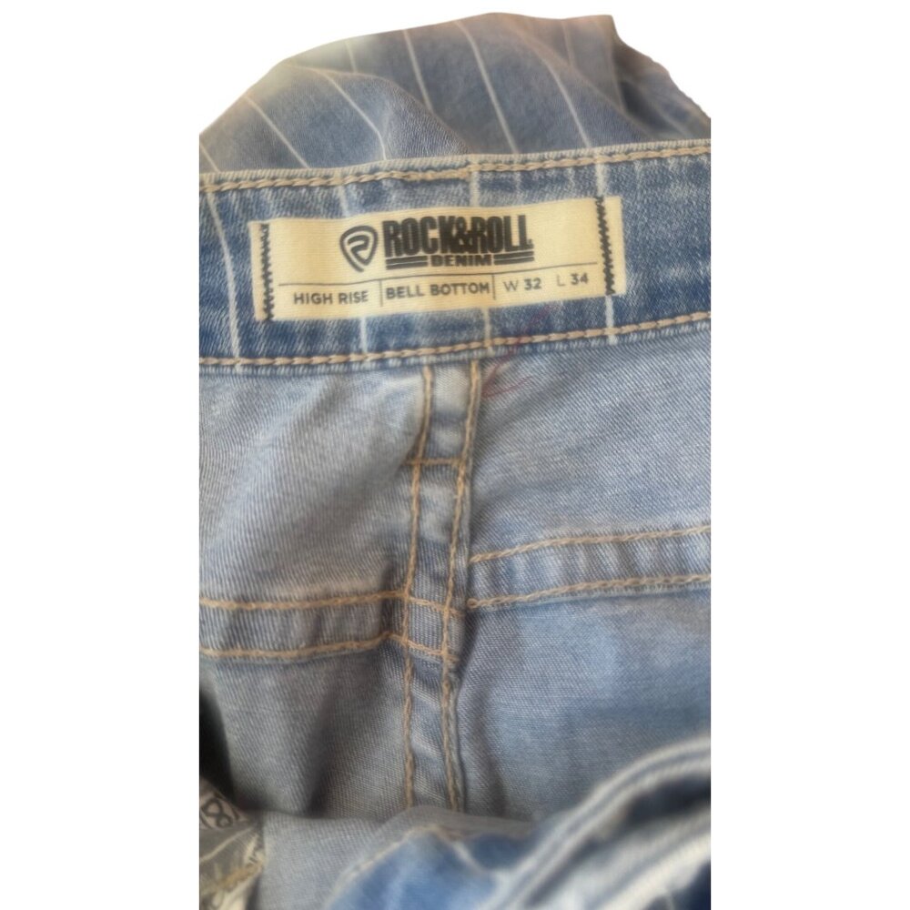 Rock & Roll Denim High Rise Bell Bottom Jeans W32 L34 Striped Frayed Hem - Picture 5 of 10